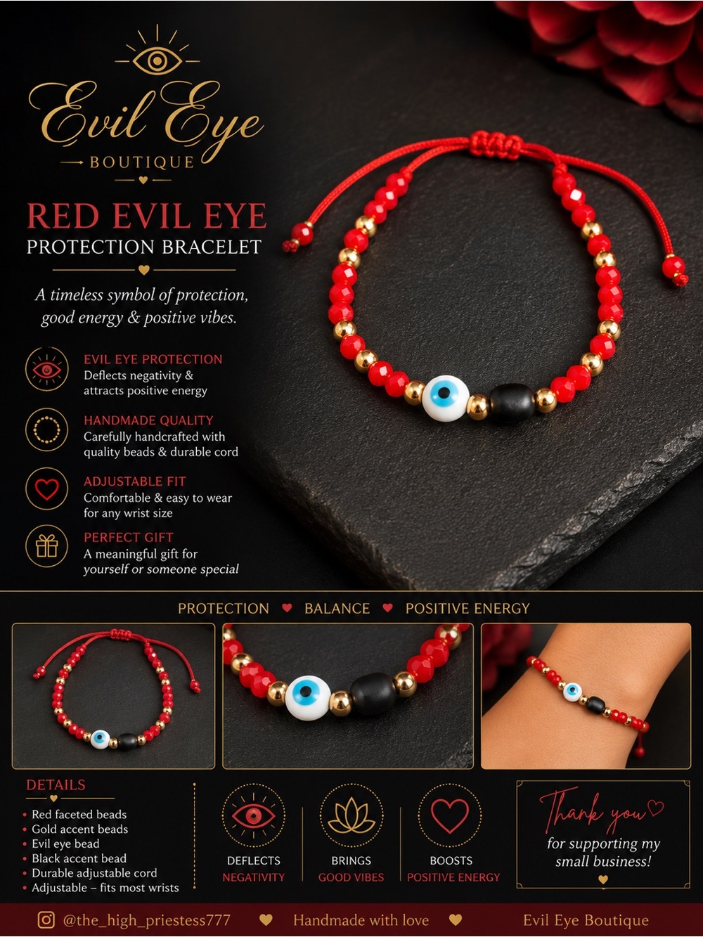 Evil Eye Red Protection Bracelet with Blue Eye Accent